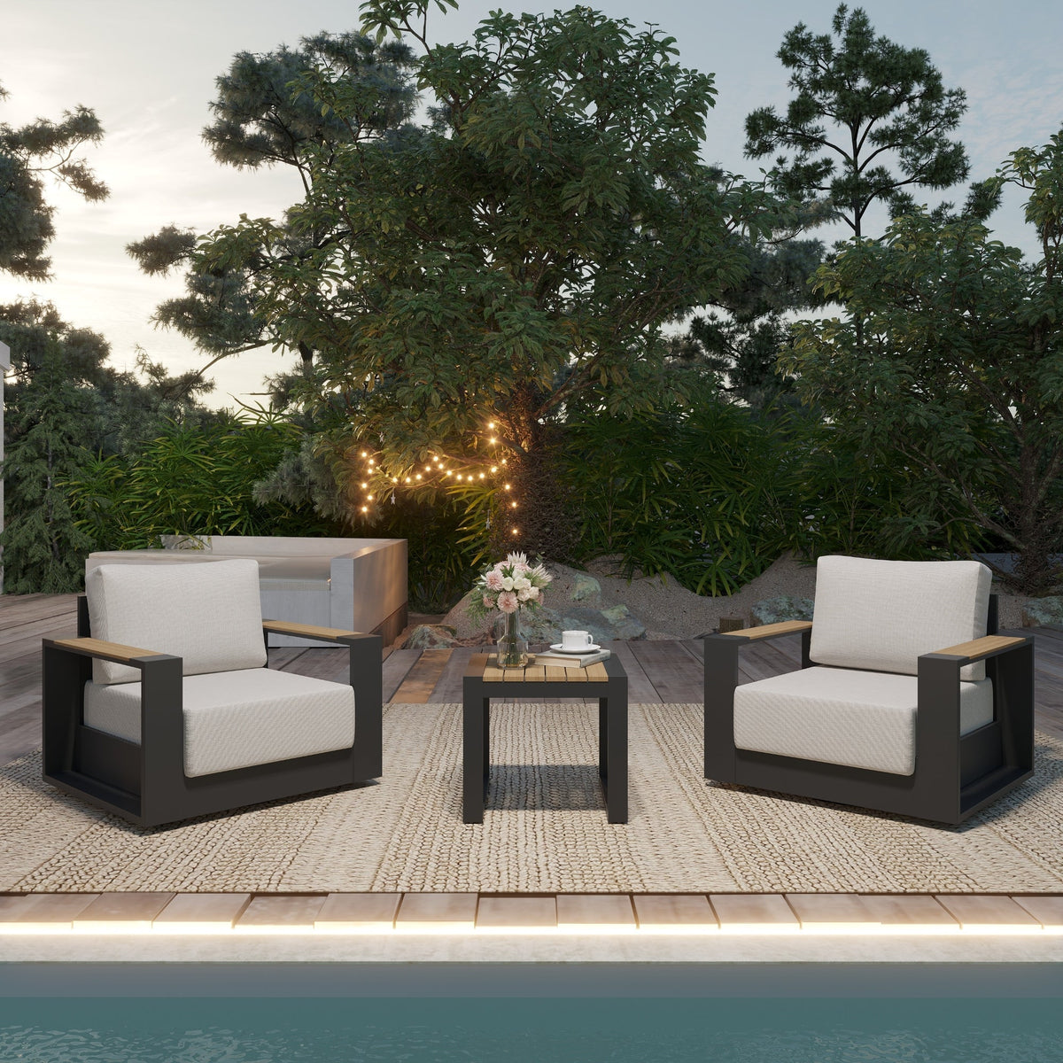3-pc Outdoor patio bistro set with swivel chairs and a table on a wooden deck