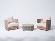 3-pc patio bistro set with white cushions, one wooden armchair, one swivel chair,  and a matching round table, rope design
