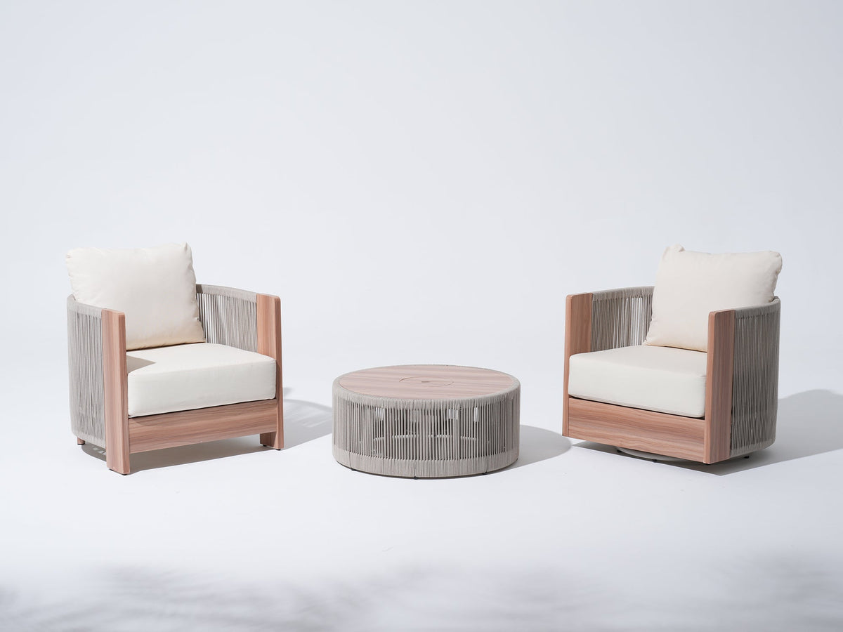 3-pc patio bistro set with white cushions, one wooden armchair, one swivel chair,  and a matching round table, rope design