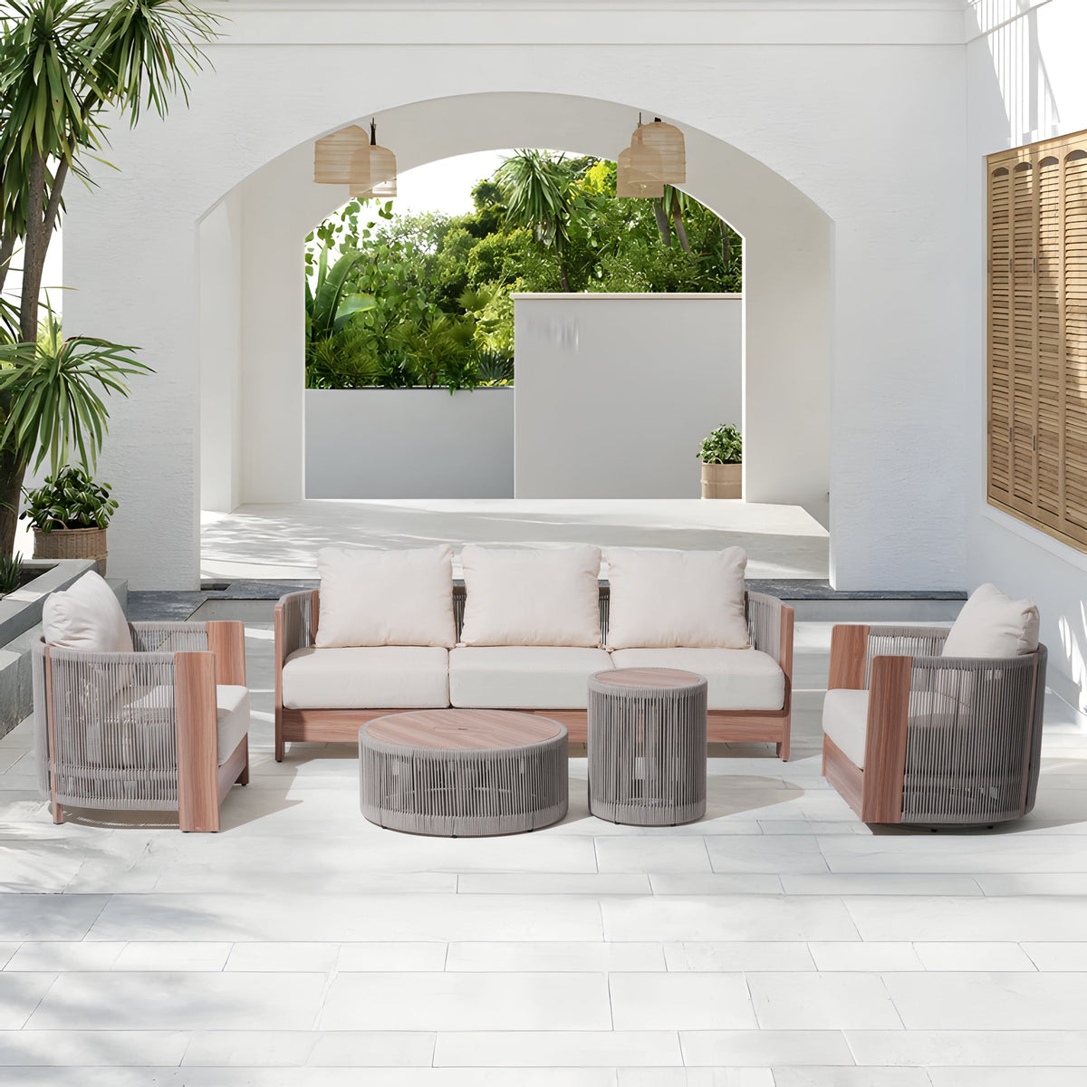 Irati 5 seats Outdoor conversation Set with a side Table and a round coffee table, Built-in Storage Space,rope design -  Sunsitt Premium Modern Outdoor Patio Furniture#Style_5-pc Sofa Set
