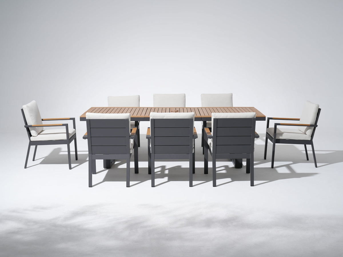 drak grey aluminum outdoor dining set for 8 with umbrella hole#Style_8 Chairs + 1 Table