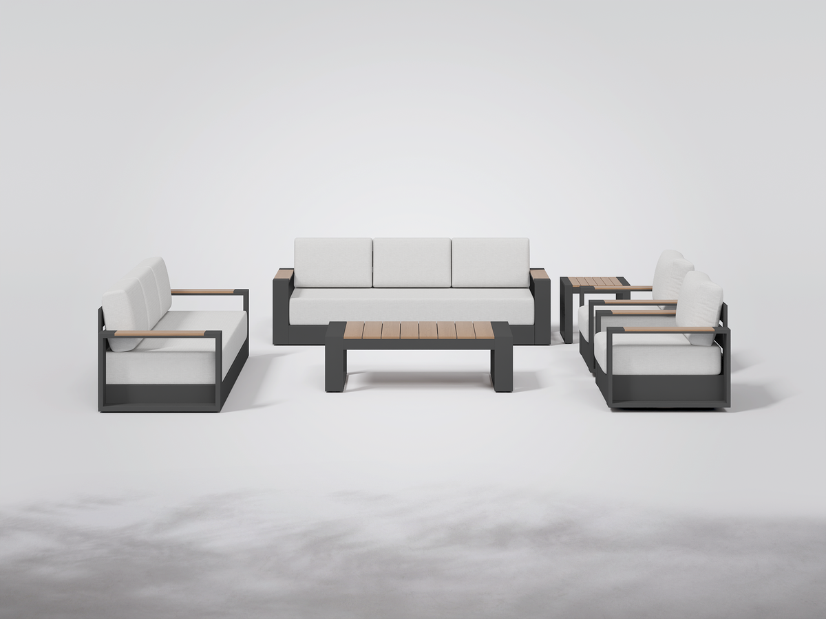 Addison Modern Metal Outdoor Sofa Set, Dark Grey Aluminum Frame, Swivel Chairs, 8 Seats