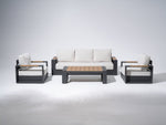 4-pcs Modern Metal Outdoor conversation sofa set, Dark Grey Aluminum Frame, White Cushions, a 3-seat sofa, two single sofa armchairs with wood-top armrests, a rectangular outdoor coffee table with wood-top - Sunsitt Premium Modern Outdoor Patio Furniture Set