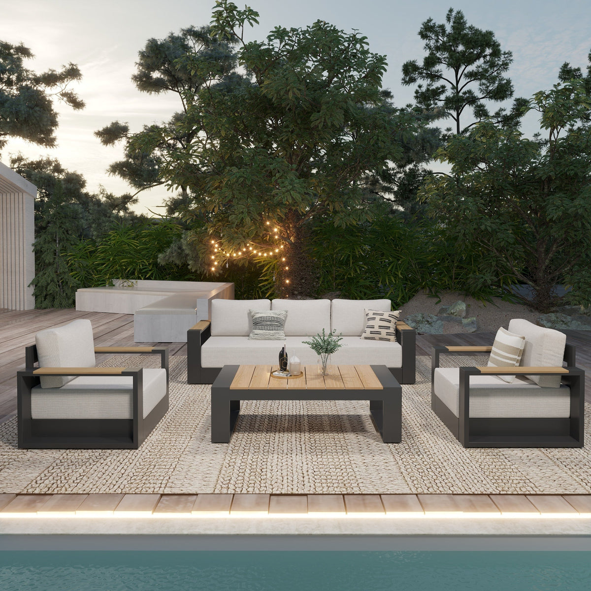 Addison Modern Metal Outdoor Sofa Set, Dark Grey Aluminum Frame, White (Swivel Option)