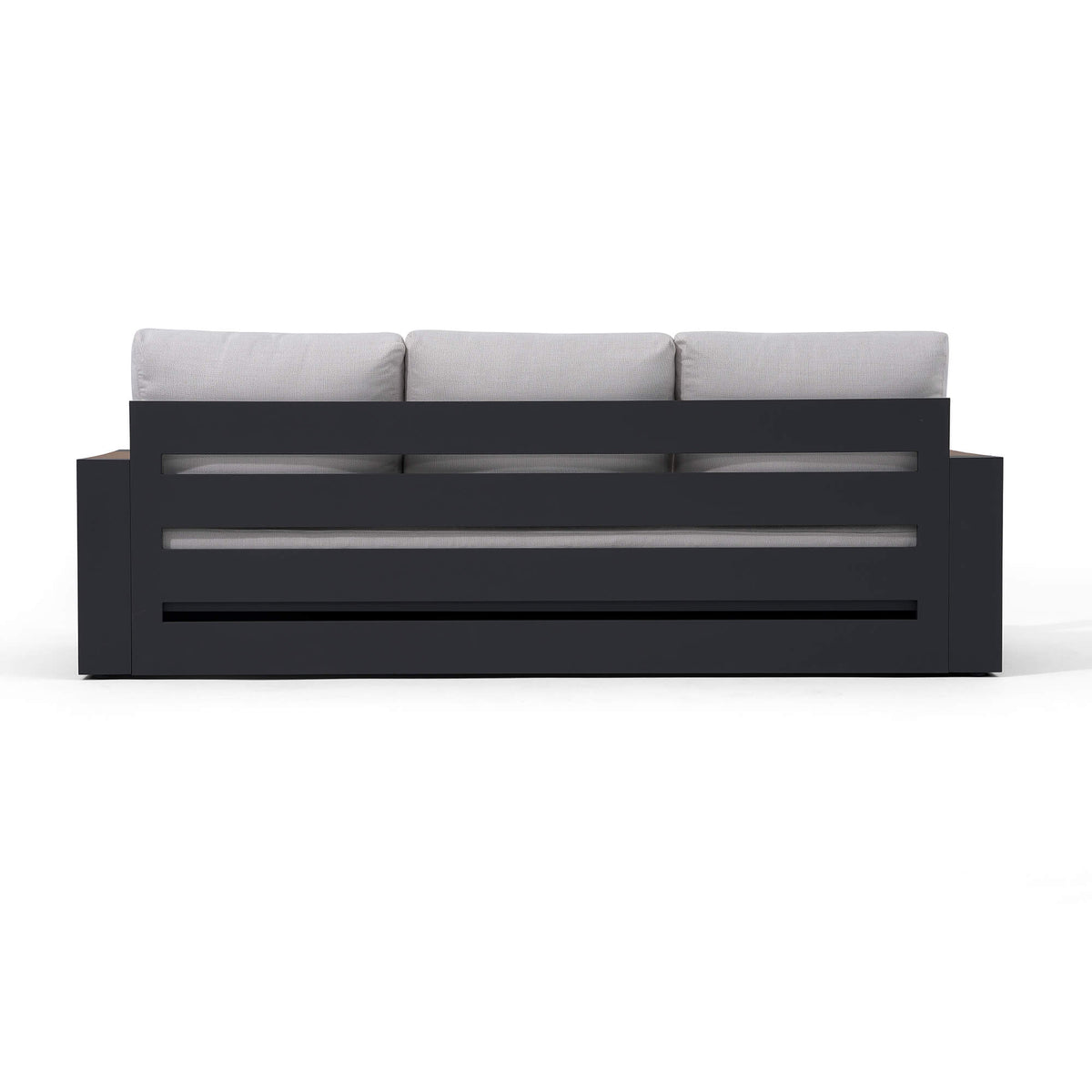 Modern black aluminum outdoor sofa with gray cushions backrest details - Sunsitt Modern Premium Patio Outdoor Furniture #color_grey