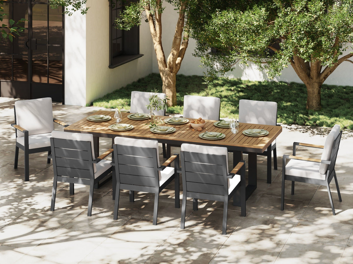 drak grey aluminum outdoor dining set for 8 with umbrella hole#Style_8 Chairs + 1 Table