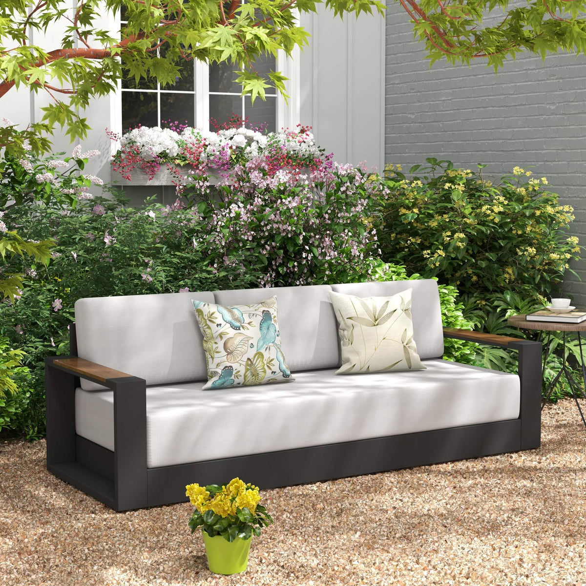 black 3 seats aluminum Outdoor sofa with cushions, wooden armrest design- Sunsitt Modern Premium Patio Outdoor Furniture #color_grey