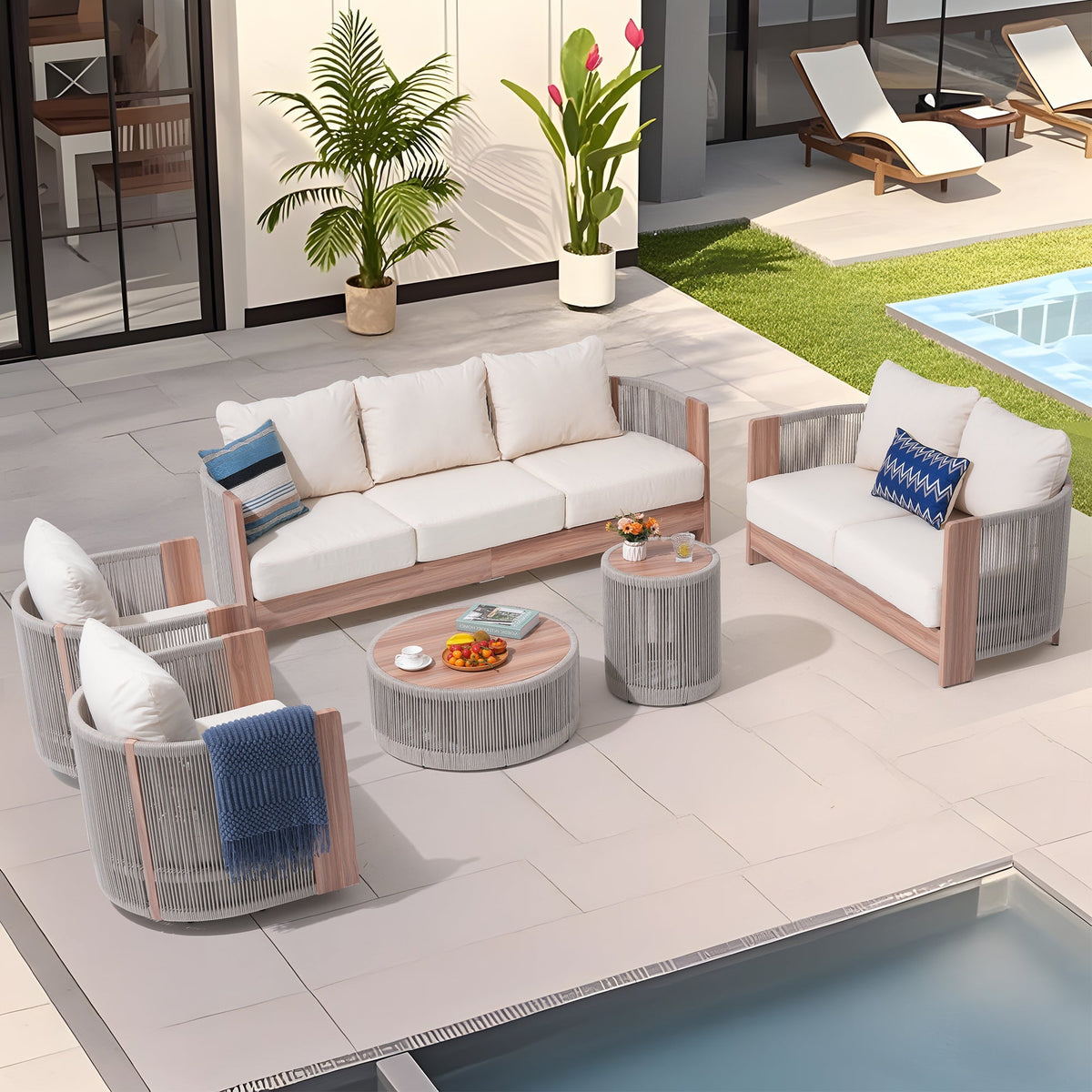 Irati 7 seats Outdoor conversation Set with a side Table and a round coffee table, Built-in Storage Space, Rope design -  Sunsitt Premium Modern Outdoor Patio Furniture