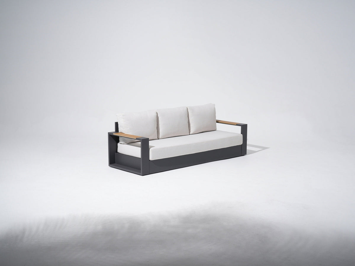 Modern outdoor sofa with white cushions, aluminum frame and wooden armrest- Sunsitt Modern Premium Patio Outdoor Furniture #color_grey