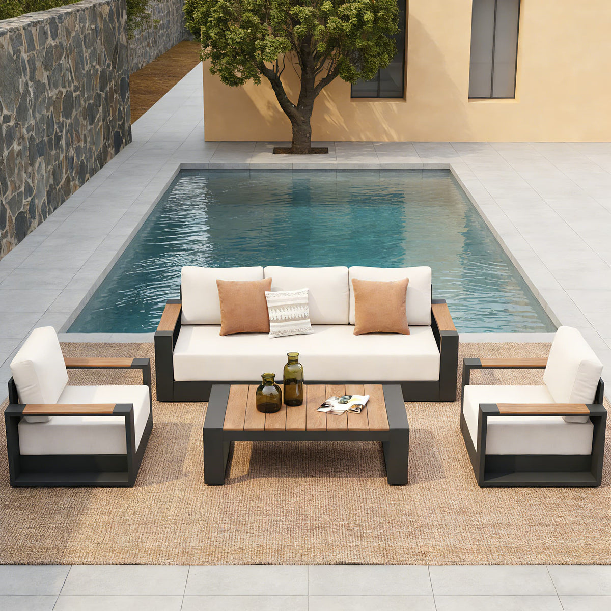 Addison Modern Metal Outdoor Sofa Set, Dark Grey Aluminum Frame, White (Swivel Option)